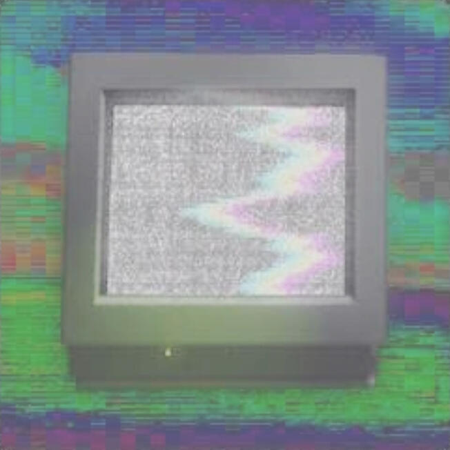 an old tv showing colorful static on a glitched background, from the “Trapped” achievement from kinitoPET on steam.